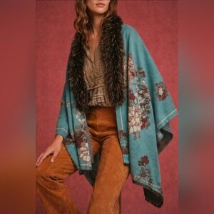 Anthroplogie Bold Floral Faux Fur Reversible Cape/Wrap Blue 70"x25 NWT$160